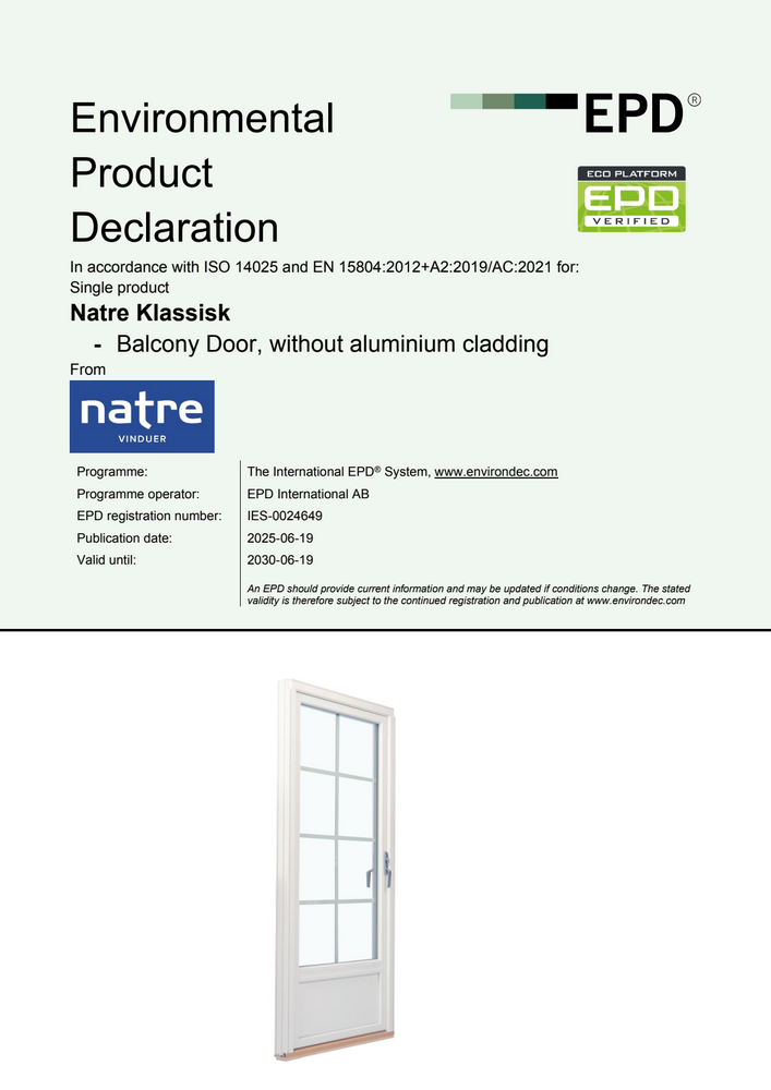 EPD for Natre Klassisk Balkongdør tre/tre